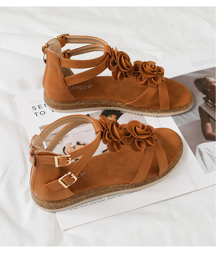 Strappy Bohemian Floral Printed Flat Sandals for Women