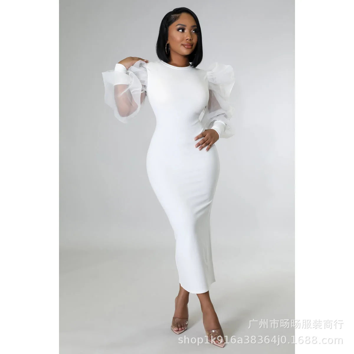 Women White Long Dress Lace Lantern Full Sleeve Round Neck A Line Dresses Elegant Ladies Splice Skirts Autumn Formal Vestidos