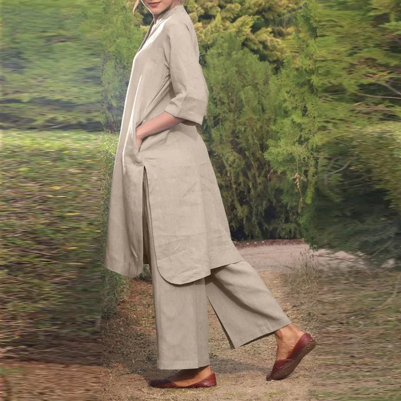 V Neck Shirt and Straight Pants Two Piece Set for Women