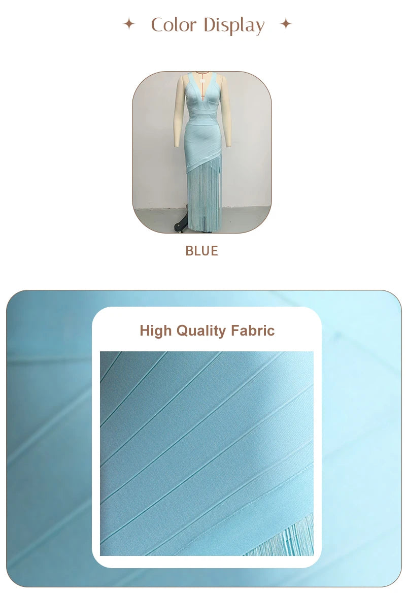 Light Blue Halter Neck Sleeveless Fringe Bandage Maxi Dress for Women