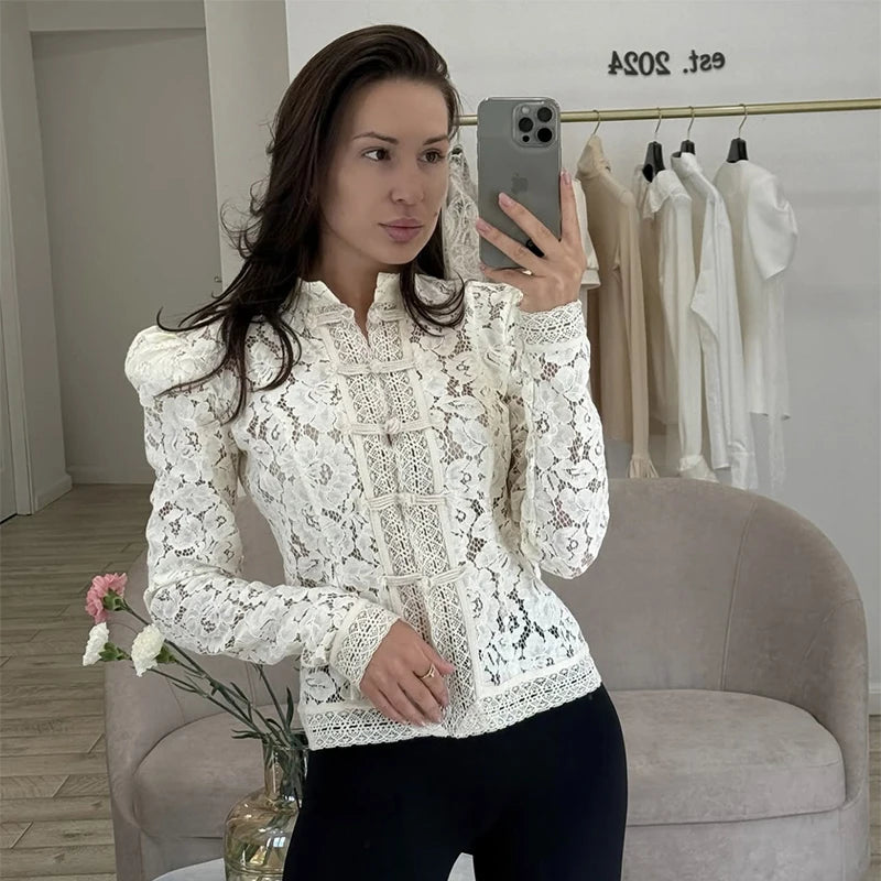Elegant Embroidered Puff Sleeve Hollow Out Lace Blouse for Women