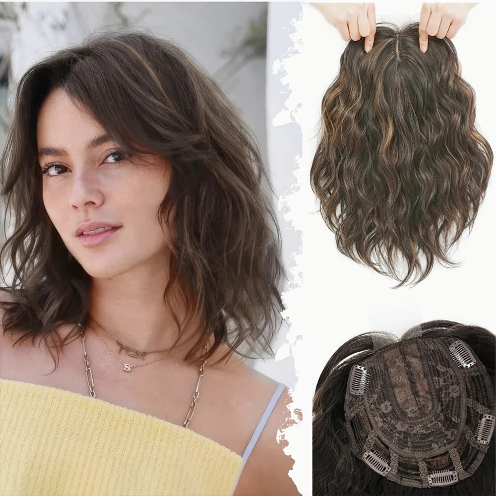 Short Wavy Synthetic Clip In With Bangs Hair Topper for Women