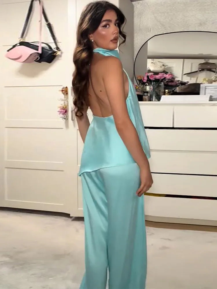 Turquoise Satin Cowl Neck Halter Top And Wide Leg Pants 2 Piece Set For Women