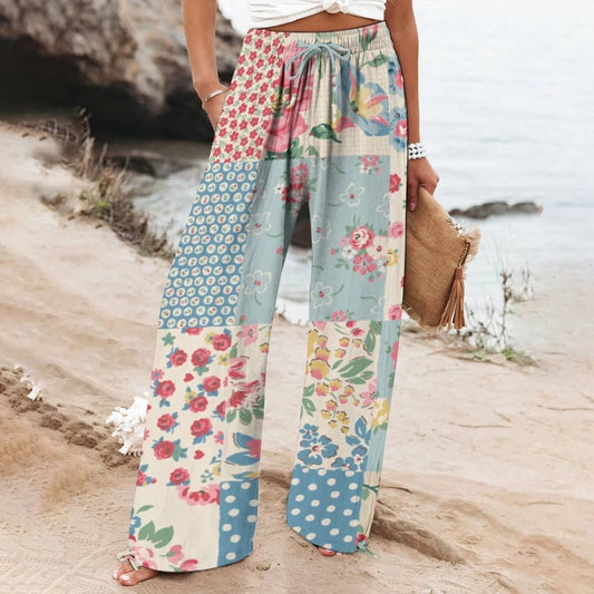 Women's Cotton Wide-Leg Pants Puzzle Print Casual Trousers Summer Beach Pants High Waist Loose Fashion Luxury Versatile Bottoms