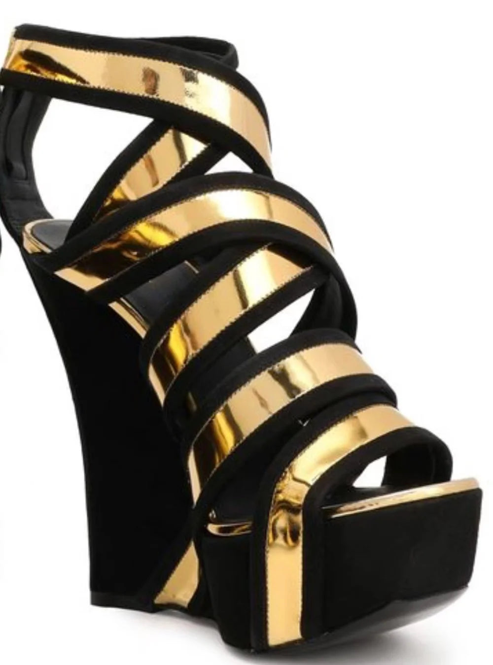 Black Suede Rose Gold Wedge Sandals