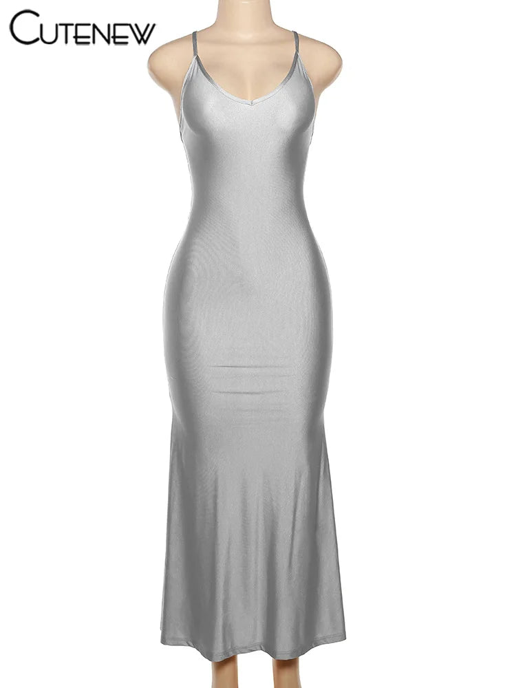 Red Shiny Backless Maxi Dress