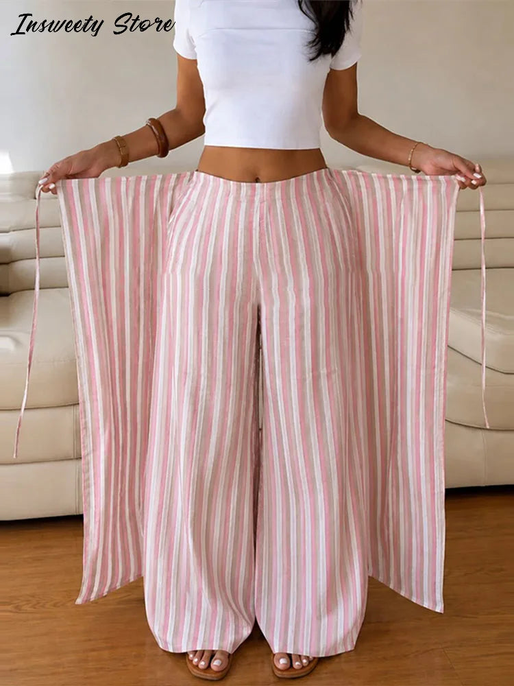 Pink And White Striped Wide Leg Pants With Sash Belt for Women