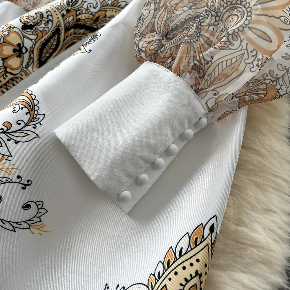 Elegant Printed Mesh Spliced A Line Maxi Dress for Women