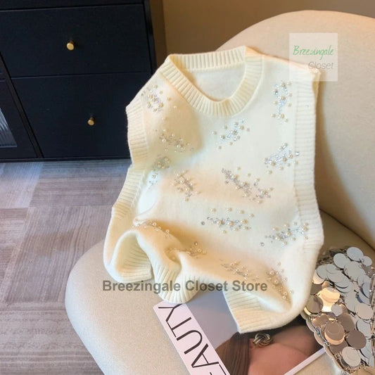 French style design nail bead inlaid diamond knitted vest for women's spring new style, sleeveless camisole top for outerwear
