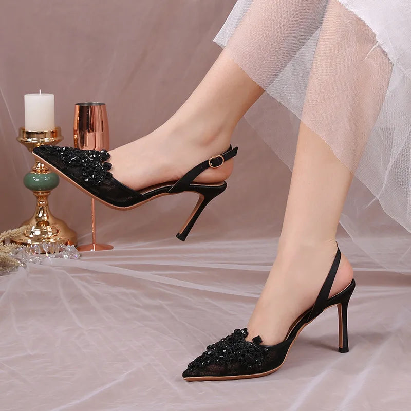 Lace Pearl Beaded Pointed Toe Stiletto Heels for Women
