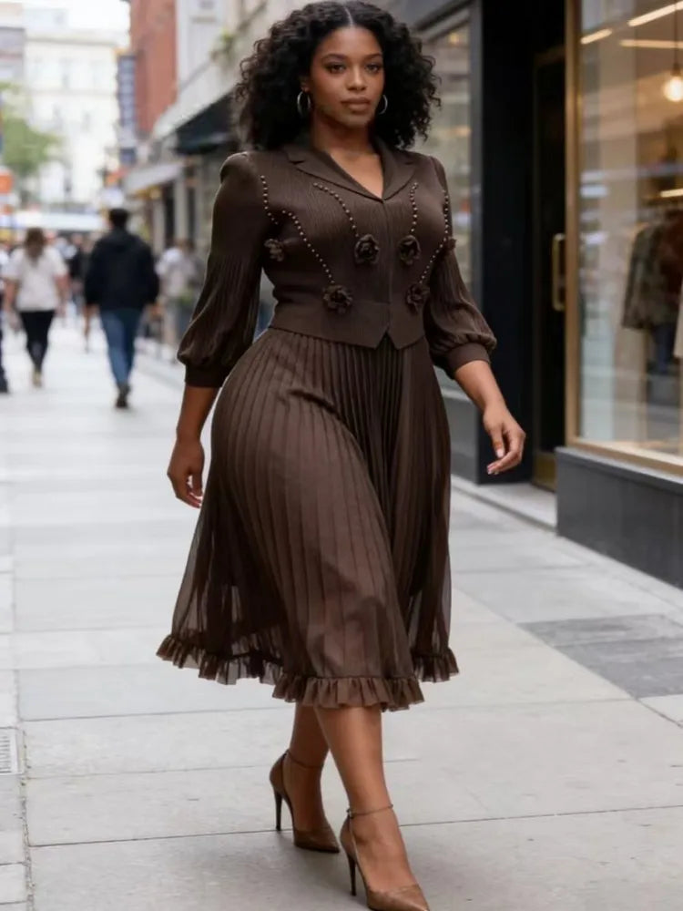 Elegant Long Sleeve Dashiki Pleated Maxi Dress for Women