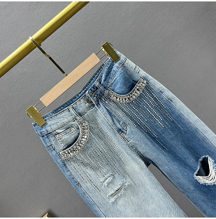 High Waist Wide Leg Jeans Women's Summer New Sle Diamond Embellied Hong Kong Sle Loose Fit Slimming Long Pants