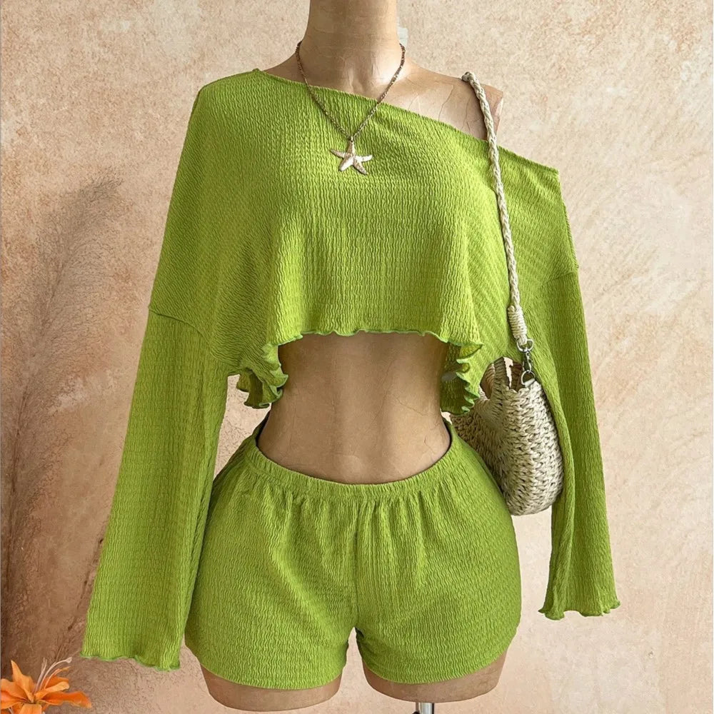 Slanted Shoulder Knit Two Piece Shorts Set for Women