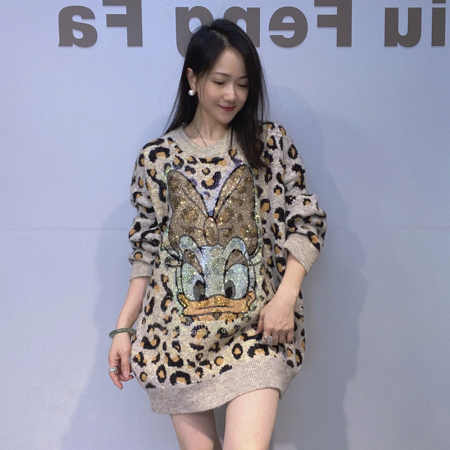 Heavy Industry Rhinestone Mid-length Sweater Coat Winter Leopard Print Thickened Knitted Top Jacket Long-sleeves O-neck Jumpers