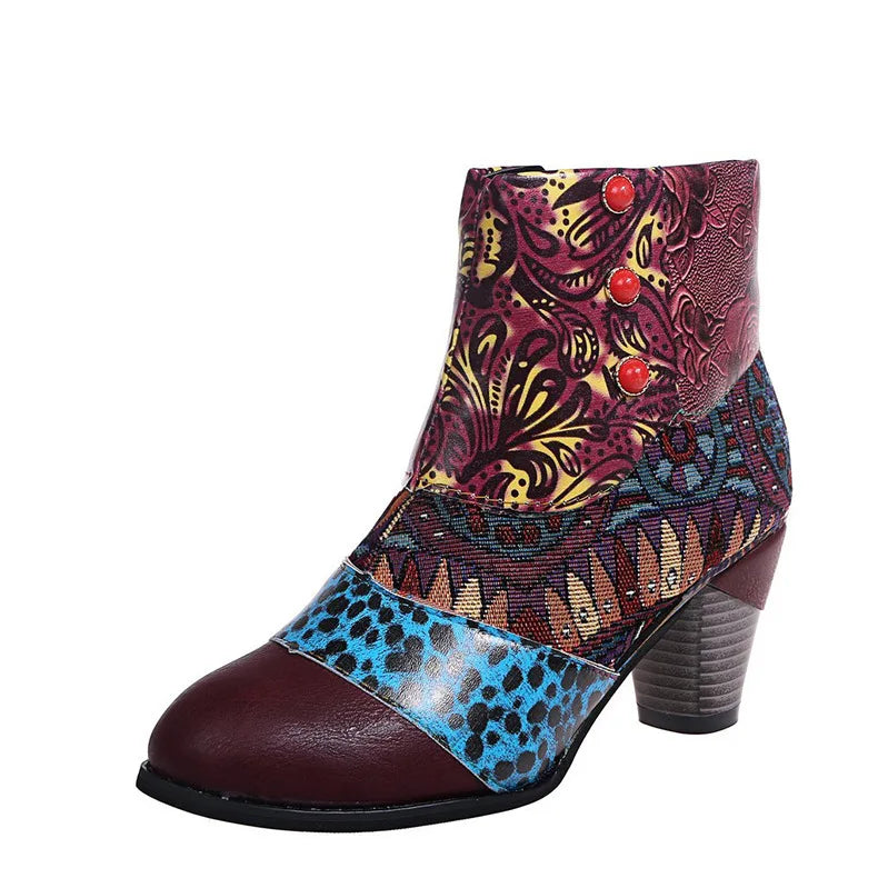 Vintage Printed Leather Zippered Ankle Boots for Women
