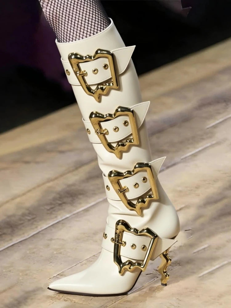 Shiny Metal Belt Buckle Side Zip Knee-High Boots for Women