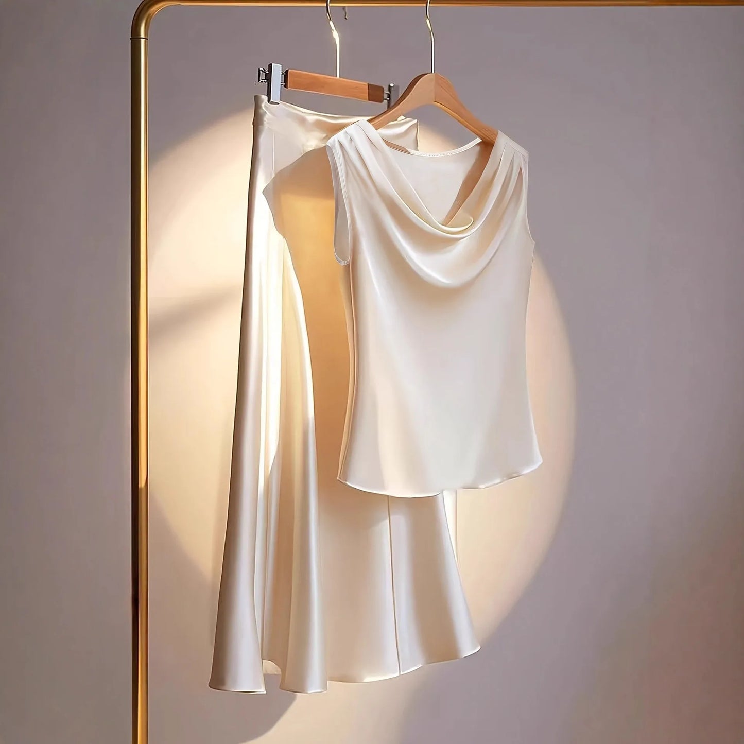 Women Satin Two Piece Set Cowl Neck Sleeveless Top and Long Skirt Matching Set Satin Blouse and Midi Skirt Outfit for Women