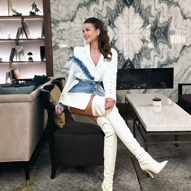 Stylish Patchwork Denim Mini Dresses Lace Deep V-neck Jacket Sexy Irregular Casual-chic Sexy Edgy Top Designers Streetwear
