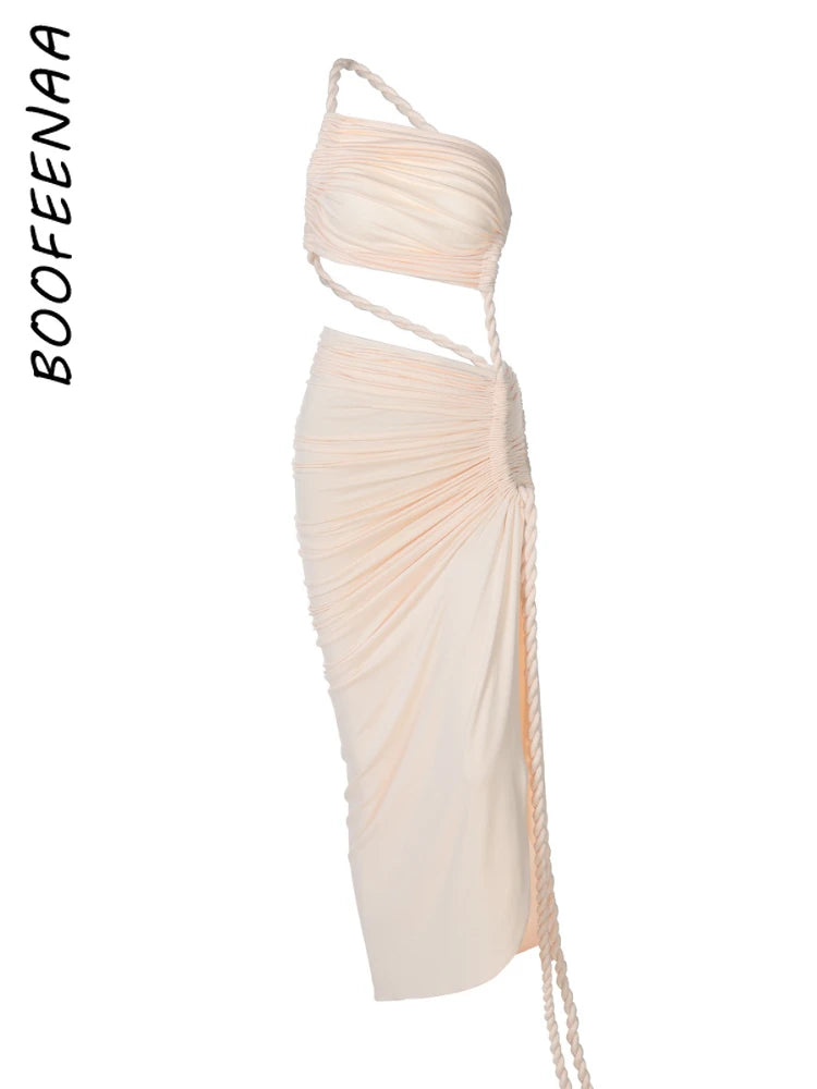 BOOFEENAA Asymmetrical Ruched Backless High Split Long Dresses 2025 Woman Summer Dress Elegant Sexy Vacation Outfits C70-FD75