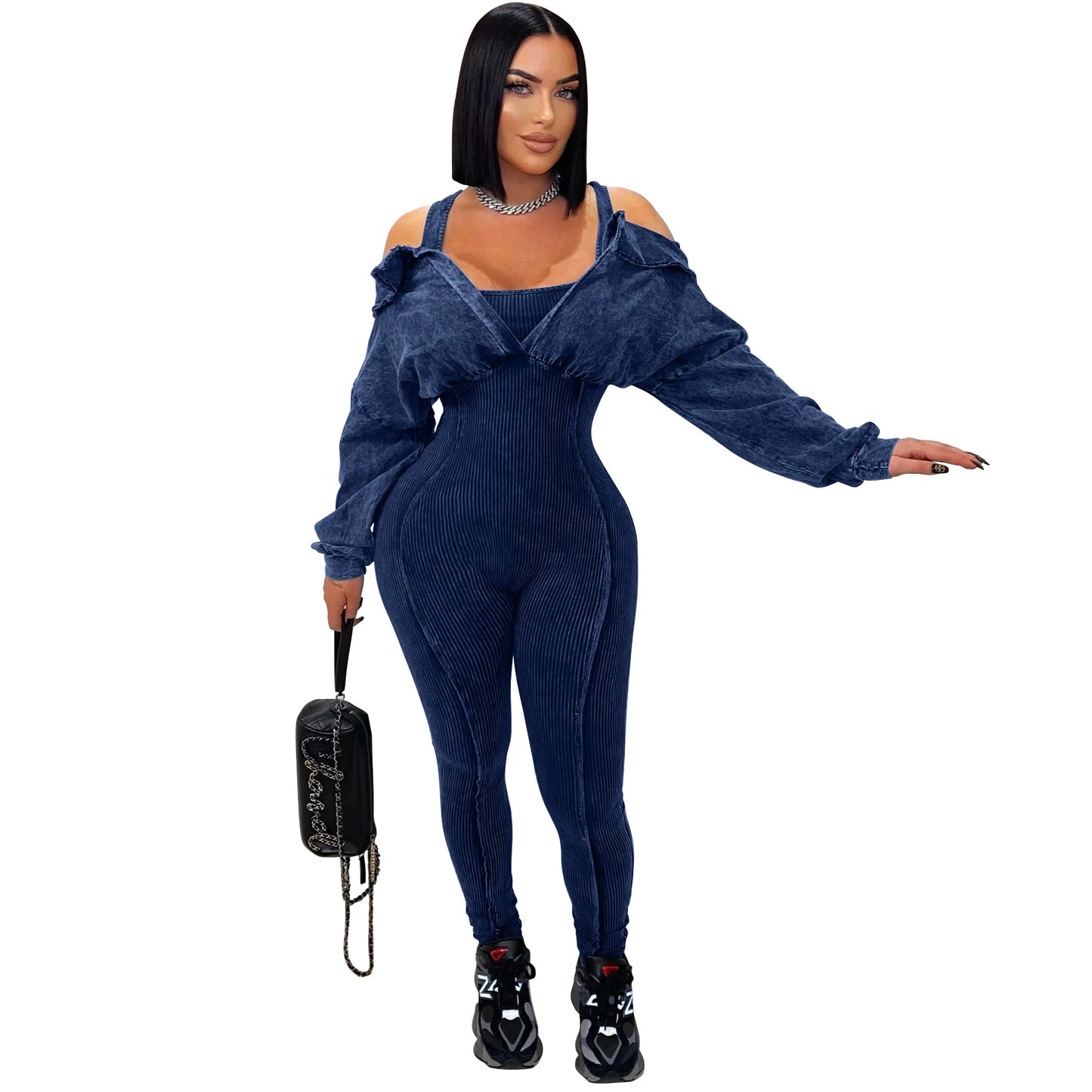 CM.YAYA Fashion Women Knit Ribbed Long Sleeve Moto Biker Jumpsuits Strap Autumn Washed Streetwear Slim One Piece Suit Romper