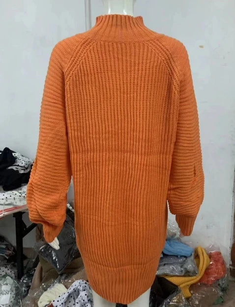 White Knit Lantern Sleeve Dress