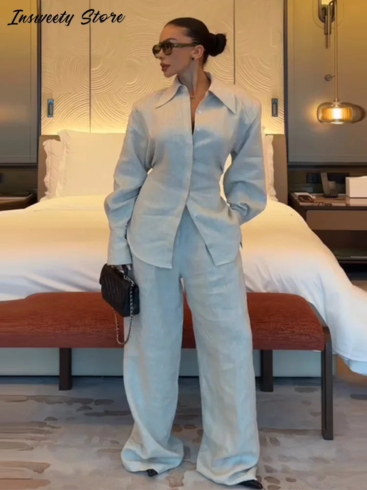 Lace Up Back Lapel Shirt and Loose Pants Set for Women