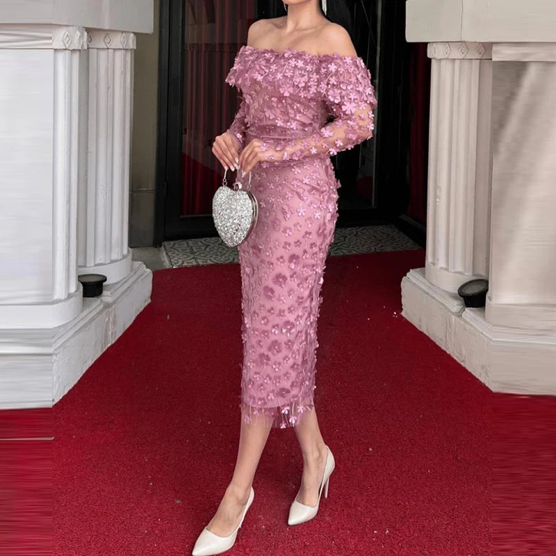 Floral Mesh Off Shoulder Slim Fit Party Long Dress for Women