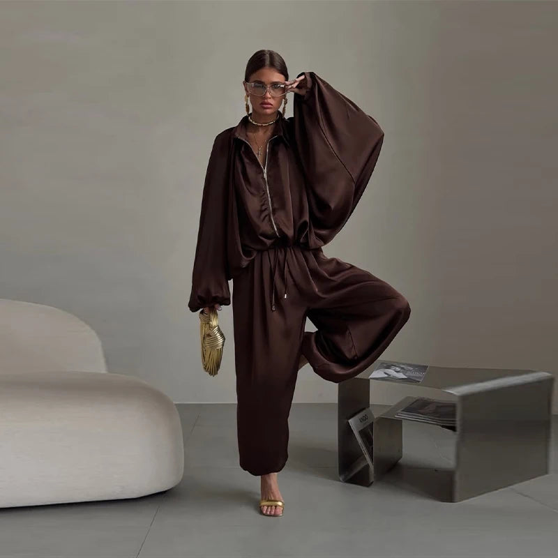 Loose Solid Satin Two Piece Pants Set With Zipper Jacket For Women