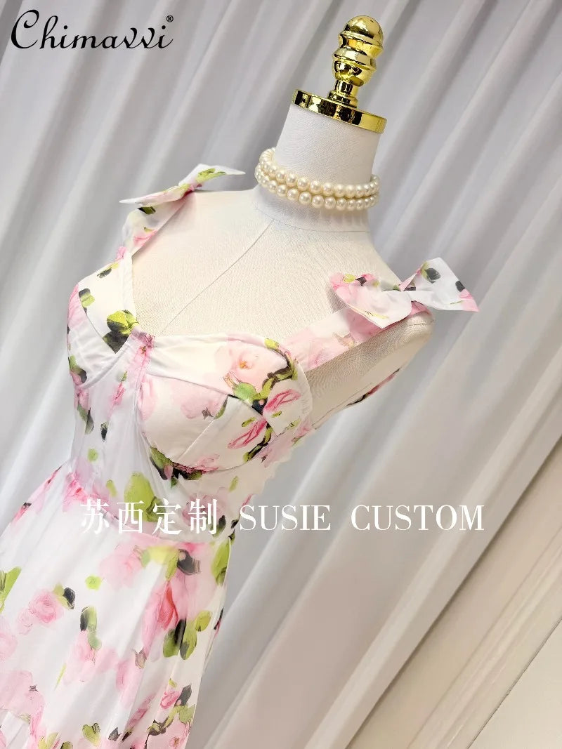 High-end Fashion Design French Fairy Print Padded Bowknot Cami Dress New 2026 Women's Elegant Cinched Waist Maxi Dress Vacation