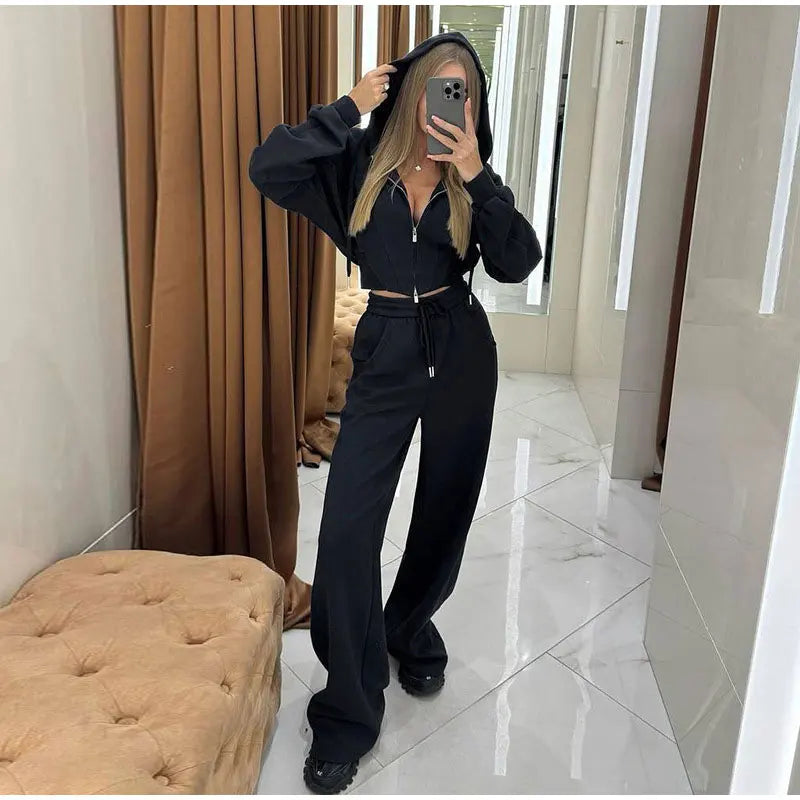 Zip Up Corset Hoodie And Wide Leg Sweatpants Two Piece Set For Women