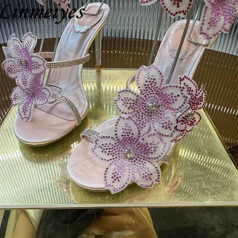 Rhinestone Flower Embellished Wedding High Heel Sandals for Women