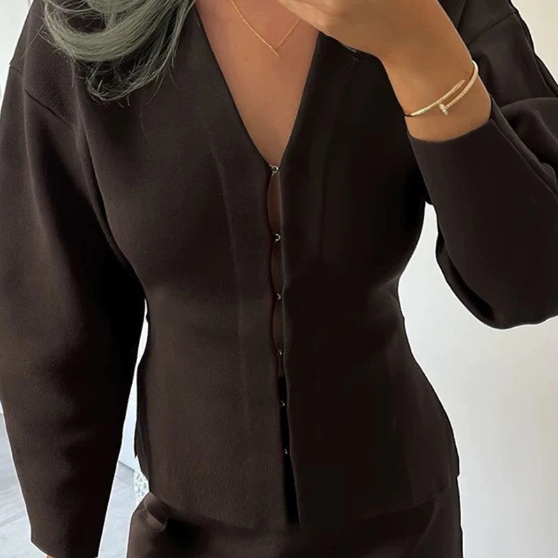 Elegant Knit Two Piece Set With Front Cutout and V Neck For Women