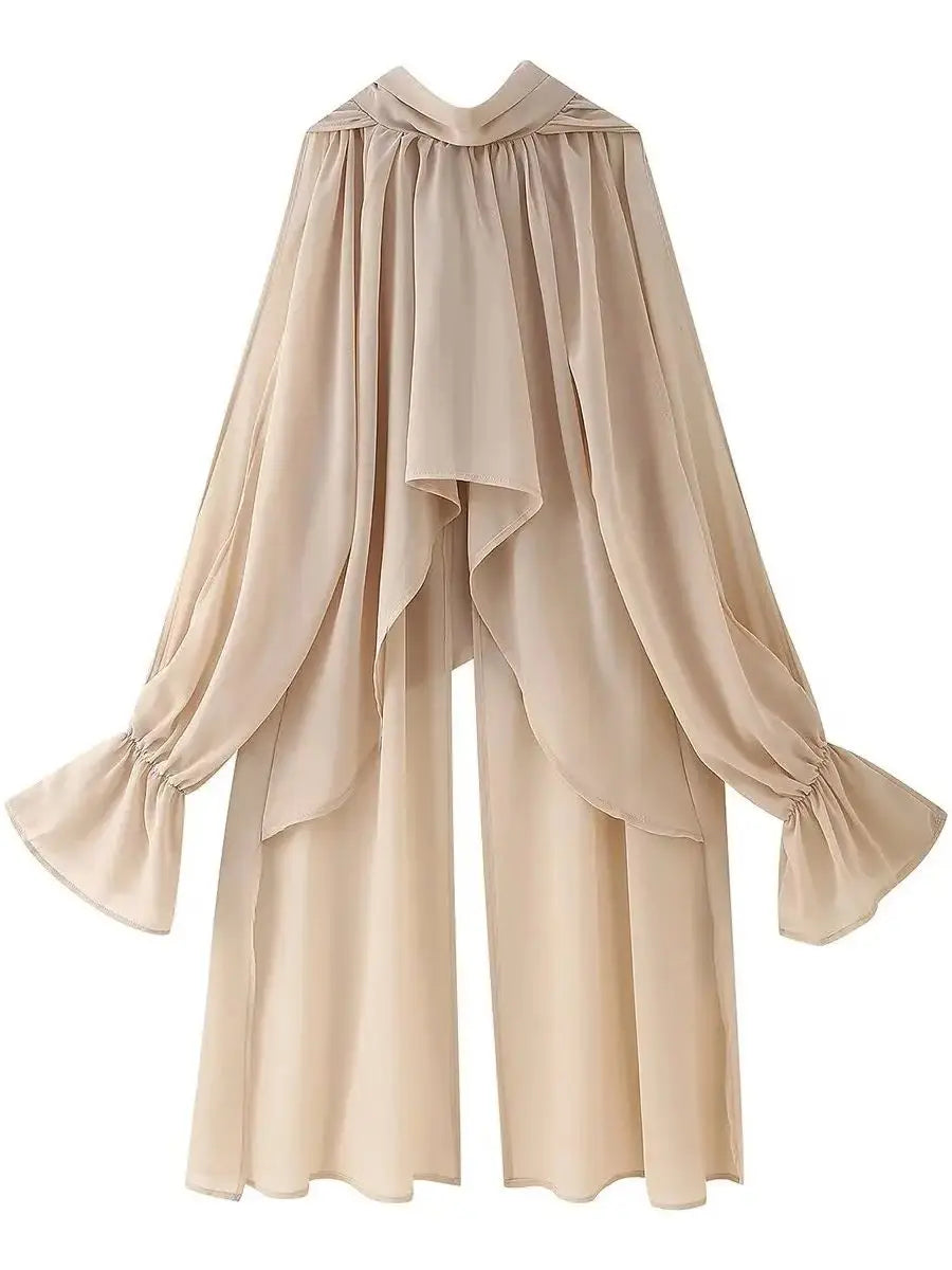 Vintage Chiffon Tiered Ruffle Sleeve Blouse with High Neck for Women