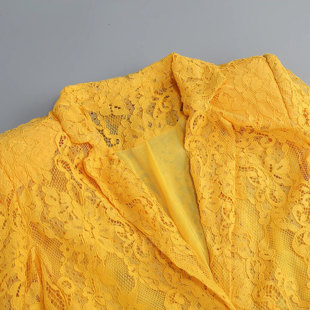 Women's Casual Chic Hollow Out Luxury High-Quality Lace Long Sleeve Suit Jacket High Waist Shorts Three Pieces Set Evening Party