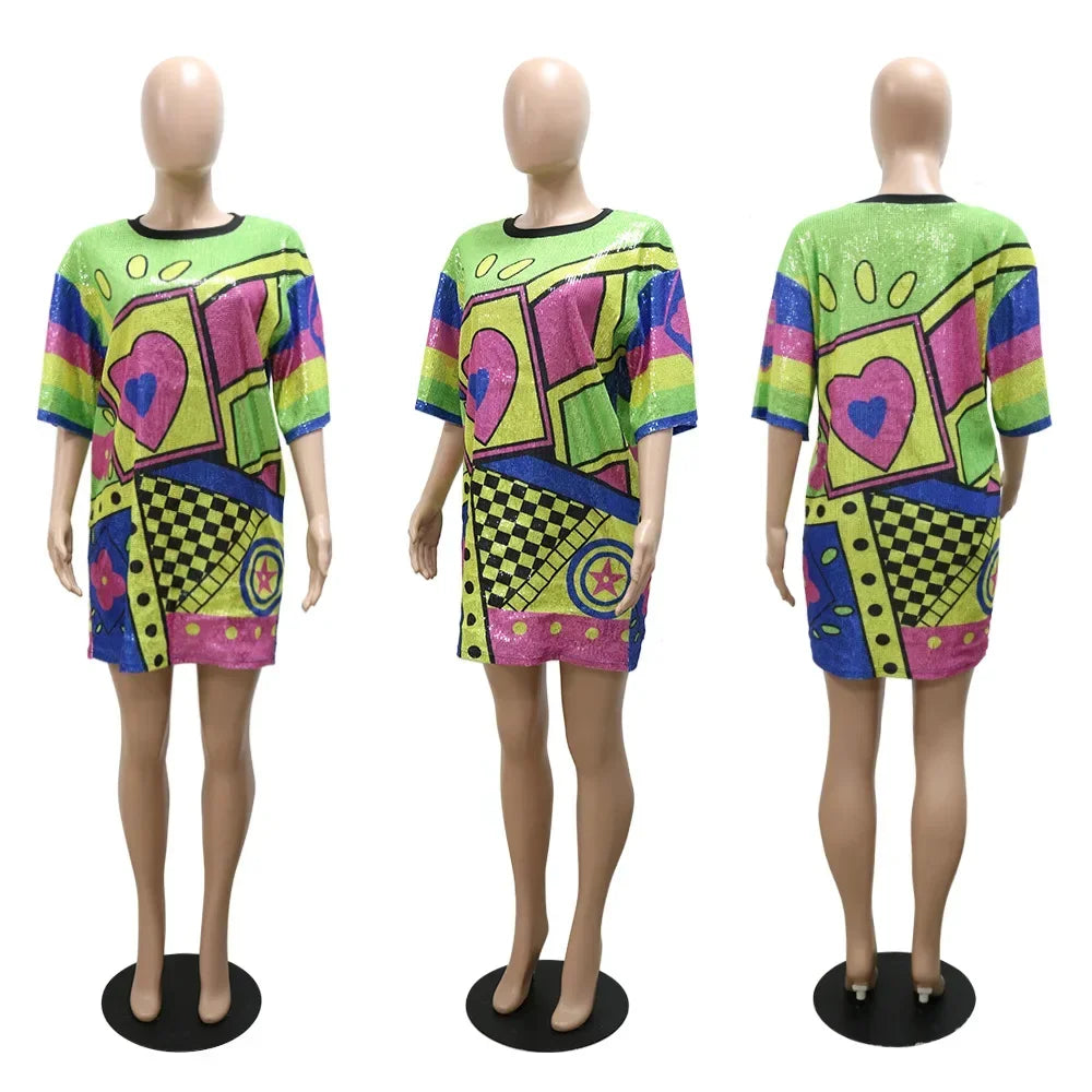 Women O Neck Loose Mini Dress Shirt Fashion Casual Sequined Printed Long Sleeve Party Club Dress