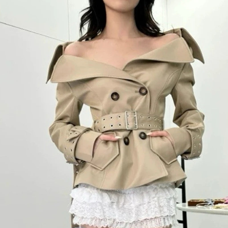KUCLUT Fashion Elegant Versatile Large Lapel Waist Double-Breasted Short Trench Coat For Women Wrapped Hip Skirts Female 1A800