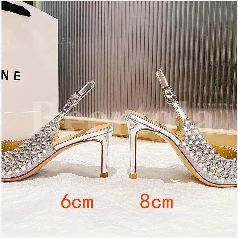 New Rhinestones Woman Sandals Diamond Pointed Toe Shallow Thin High Heels Back Strap Stilettos Female Wedding Bride Sandals