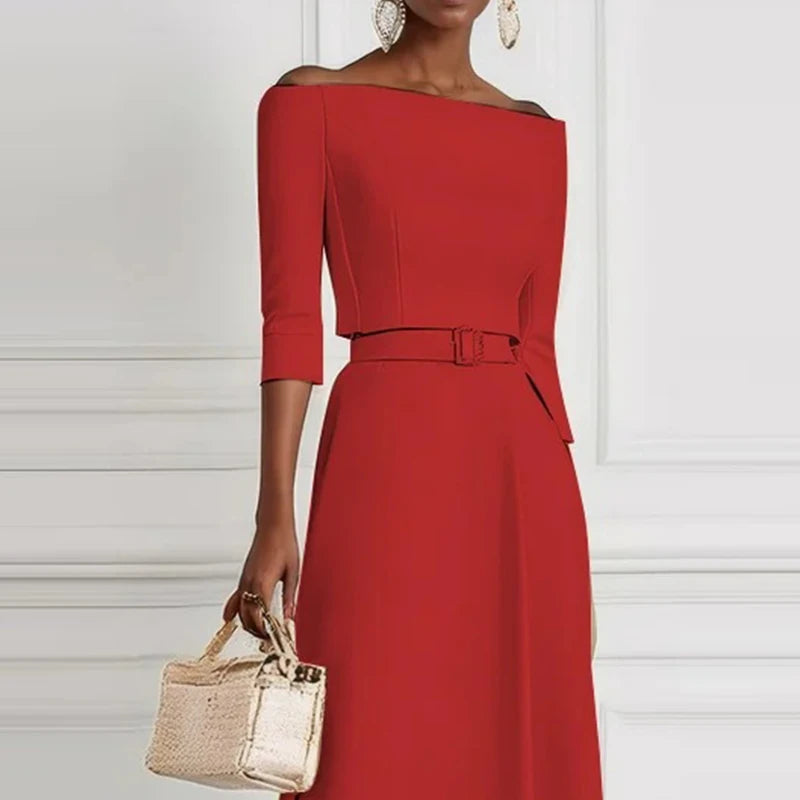 Women Sexy Off Shoulder Half Sleeve Party Dress Elegant Temperament Waist Solid Long Dress Fashion Draped Belt Tie-Up Maxi Dress