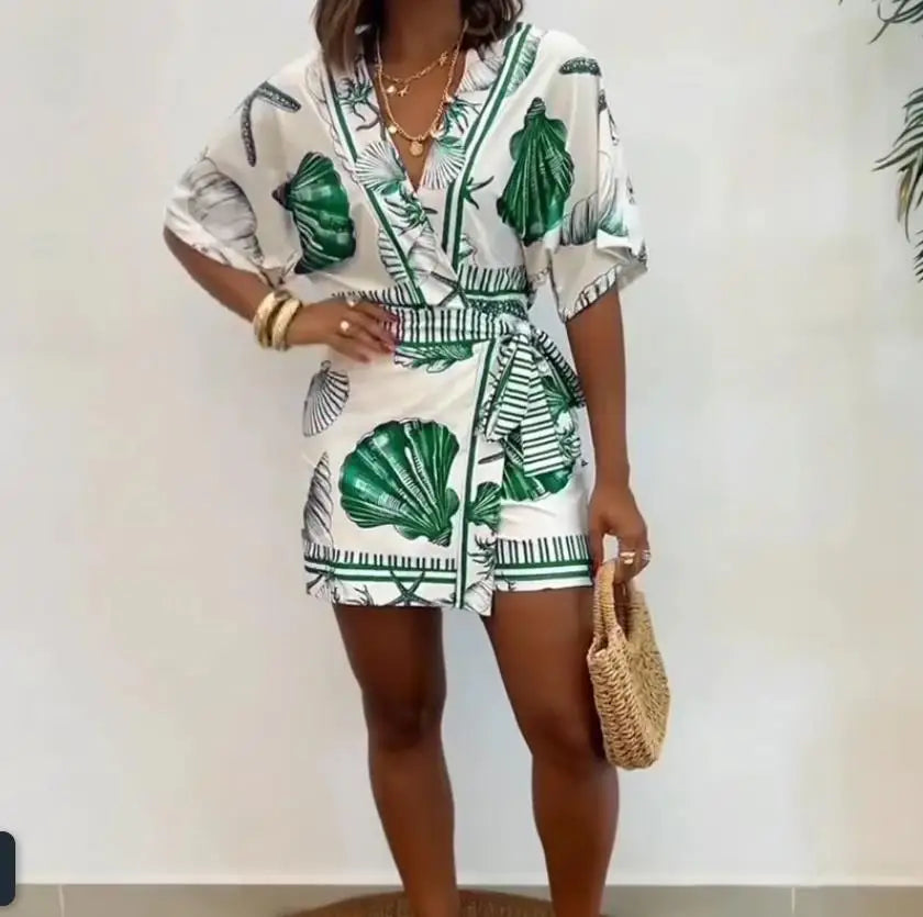 Seashell Starfish Print Wrap V Neck Short Sleeve Lace Up Romper for Women