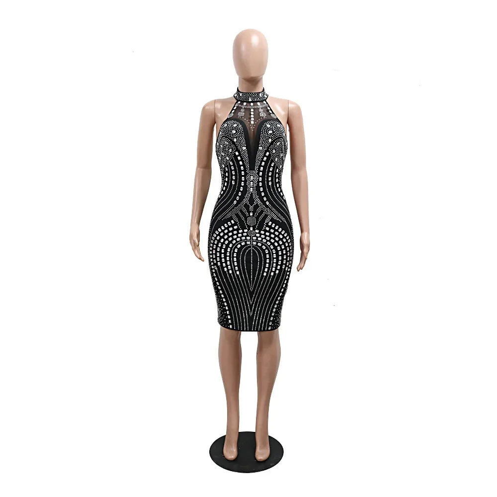 Rhinestone Embellished Sleeveless Bodycon Midi Dress for Women