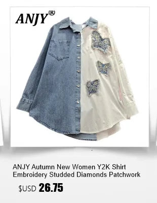 ANJY Spring Autumn New Women Streetwear Fashion Buttons Slit Striped Color Block Jeans Stylish Loose Wide-Leg Denim Pants A23331