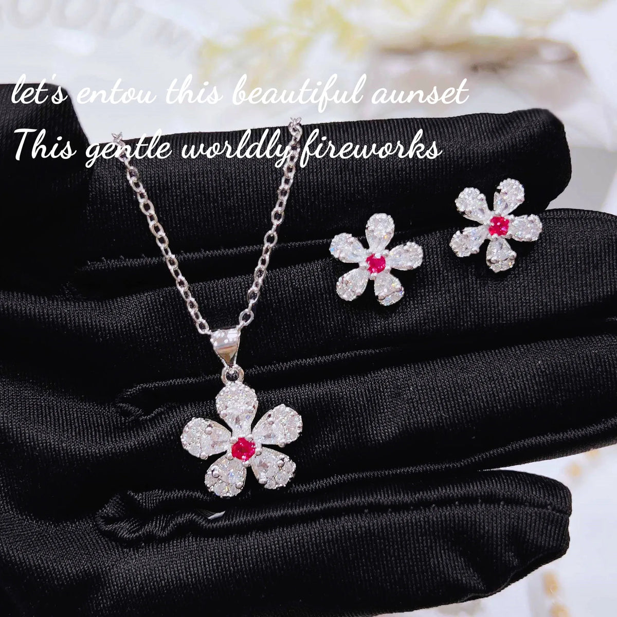 Cherry Blossom Zircon Necklace, Earring, and Ring Set for Women