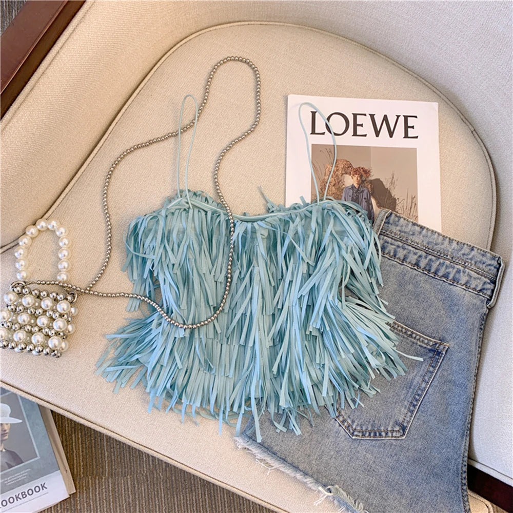 Chic Blue Fringe Tassel Halter Summer Top for Women