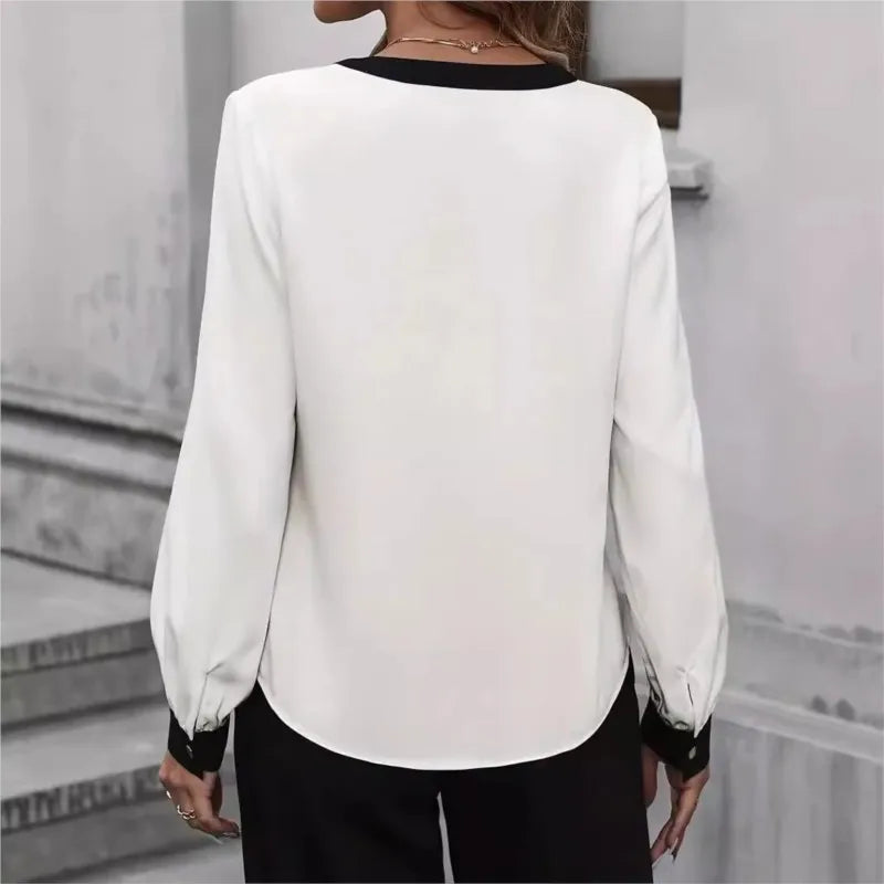New Fashion White V-neckBlouse Women Blouses Turn Down Collar Office Blouse For Women Long Sleeve Chiffon Blouse