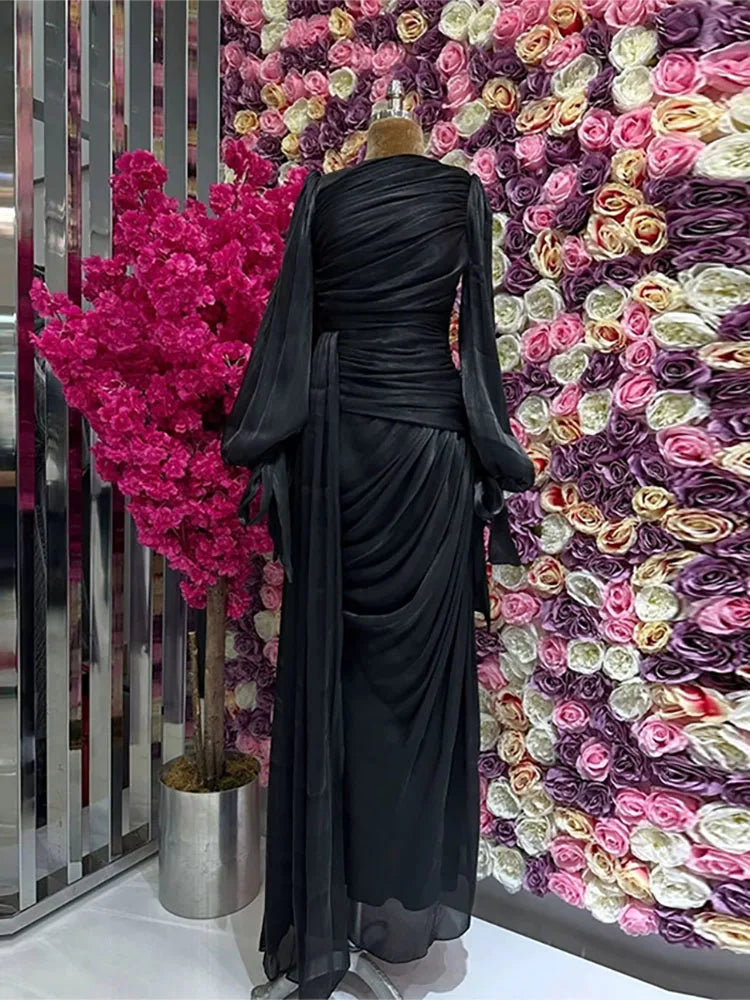 Lantern Sleeve Pleated Maxi With Lace Up O Neck Dress for Women
