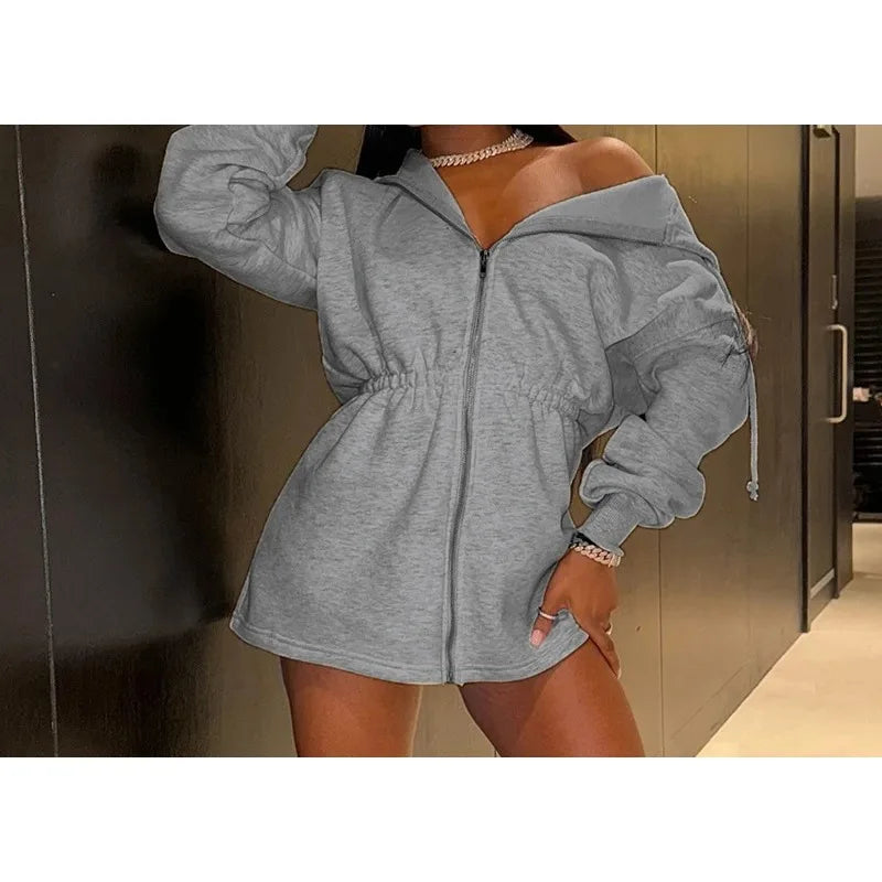 Hooded Short Dress for Women Summer and Fall 2025 New Casual Sexy High Waisted Zipper Short Dresses Solid Long Sleeved Dress