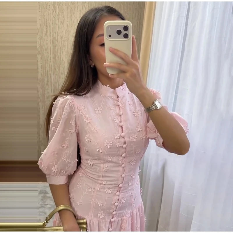 Floral Puff Sleeve Empire Waist Long Dress for Women