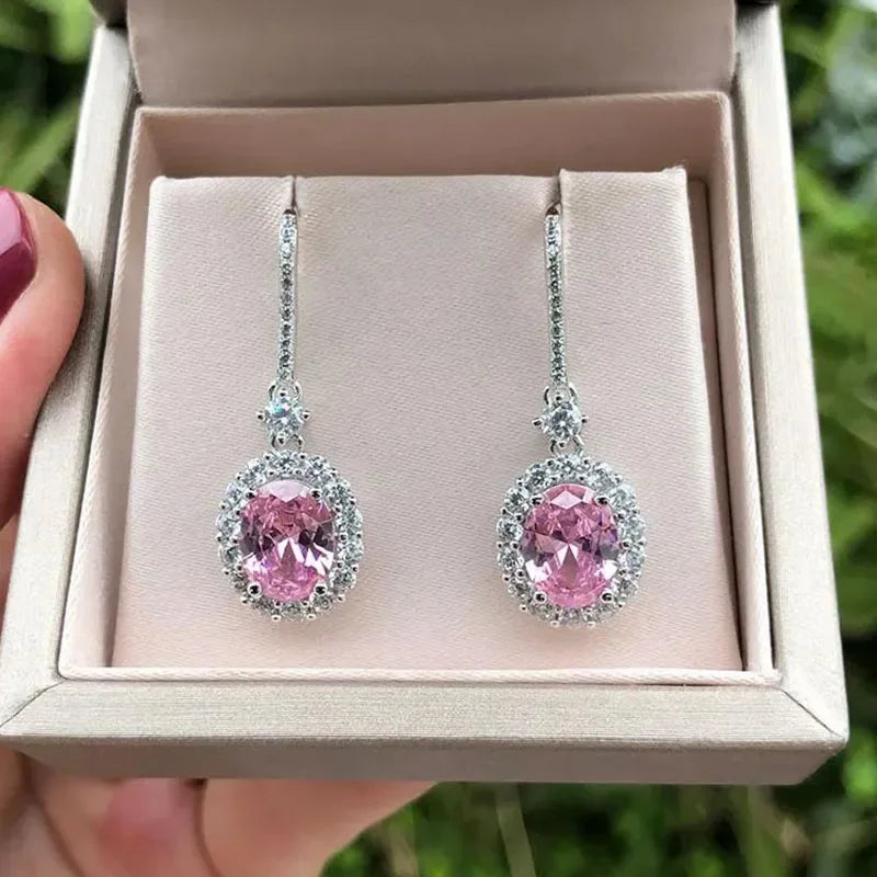 Drop Earrings With Oval Cut Ruby And Sapphire Stones In Sterling Silver 925, Vintage Style