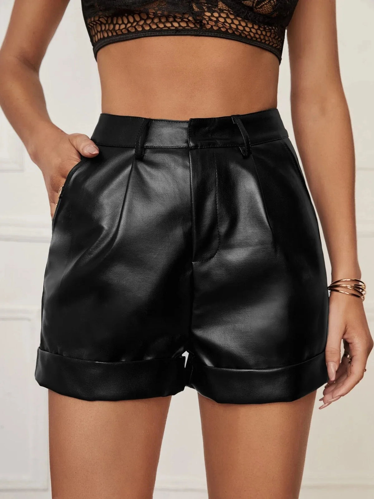 Faux Leather Mid Waist Pocketed Casual Shorts for Women