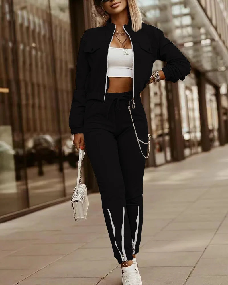 Zipper Long Sleeve Top And Drawstring Pants Set for Women